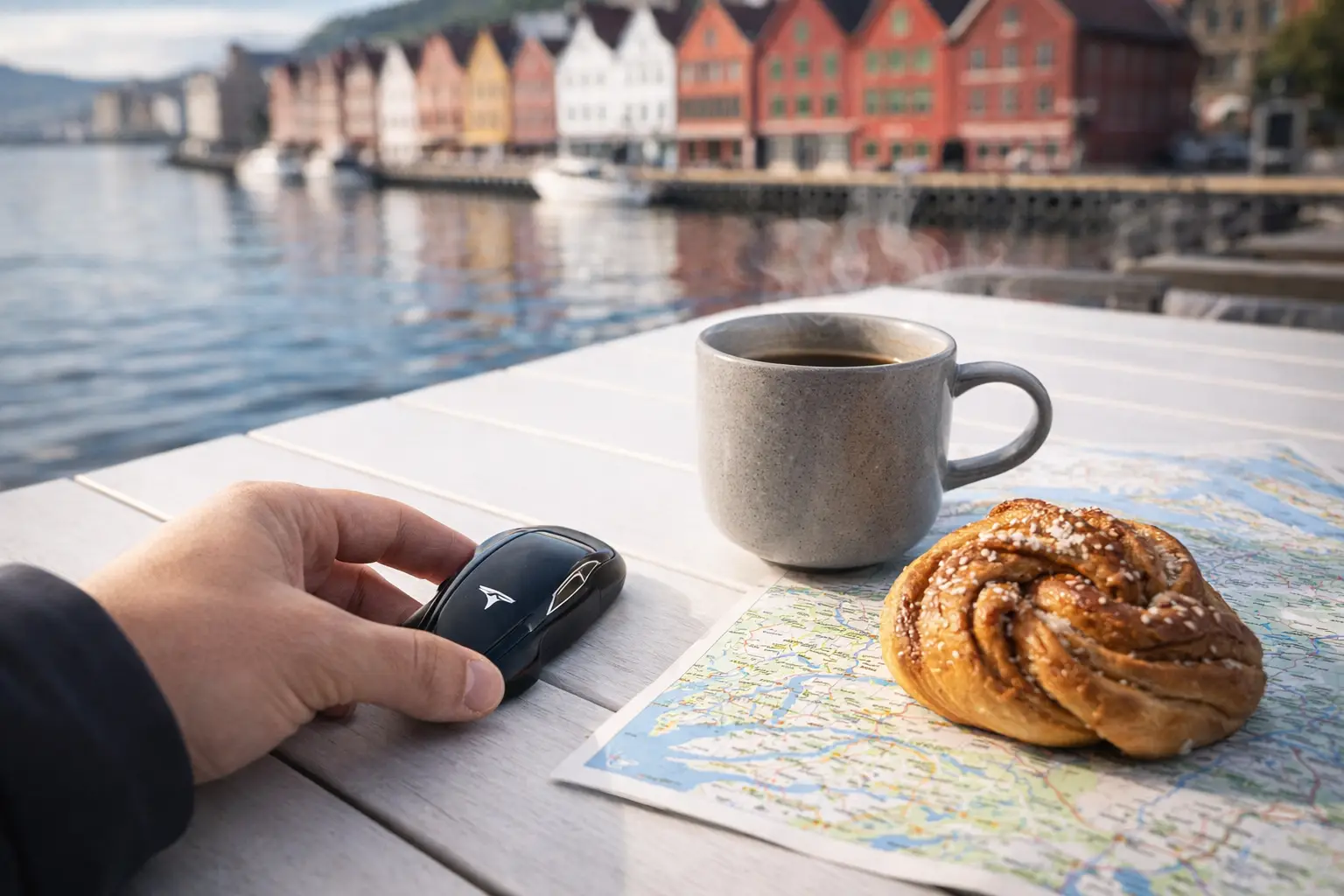 Bil og nøkler ved reiseutstyr som illustrerer fleksibel bilutleie i Bergen